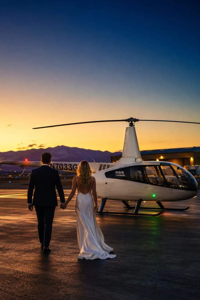 Couple with helicopter at sunset