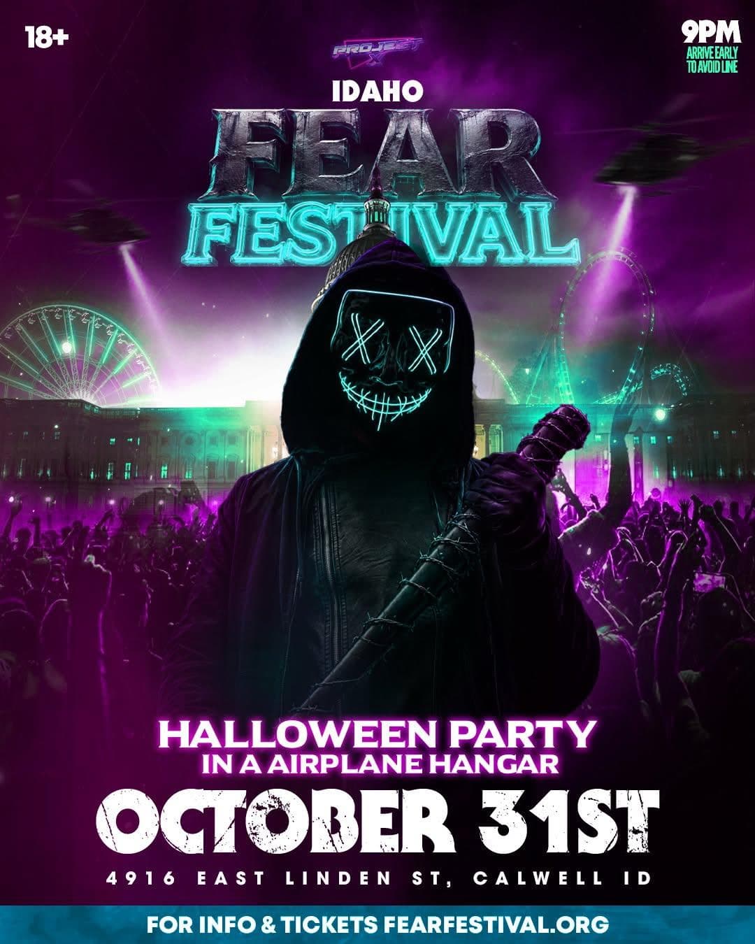 Idaho Fear Festival flyer showing October 31 at 9 PM, ages 18 and up, at 4916 East Linden Street in Caldwell