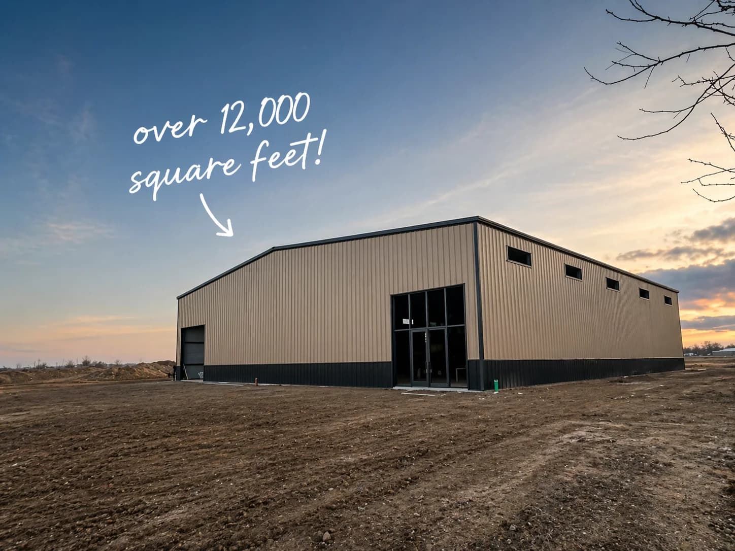 Vertical Venues 12,000 square foot hangar exterior at Caldwell Executive Airport at sunset